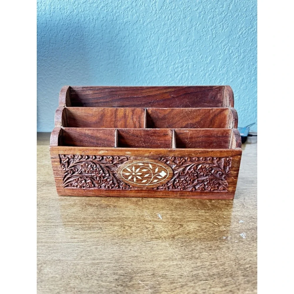 Vintage Anglo Indian Rosewood Desk Organizer Stationary Desk Caddy